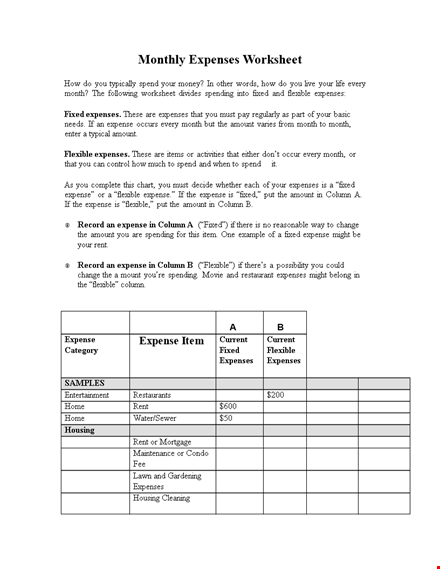 monthly expenses worksheet template