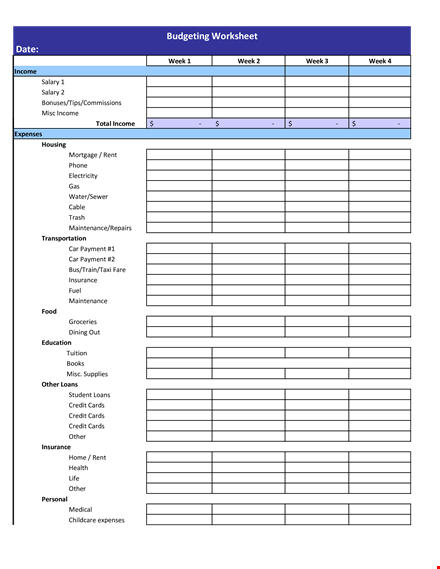 budgeting worksheet | track expenses, total costs, other income template