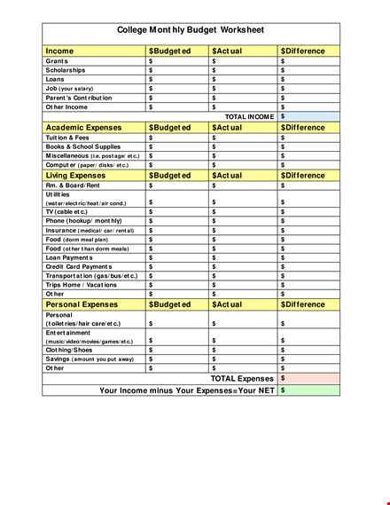 free monthly college budget template template