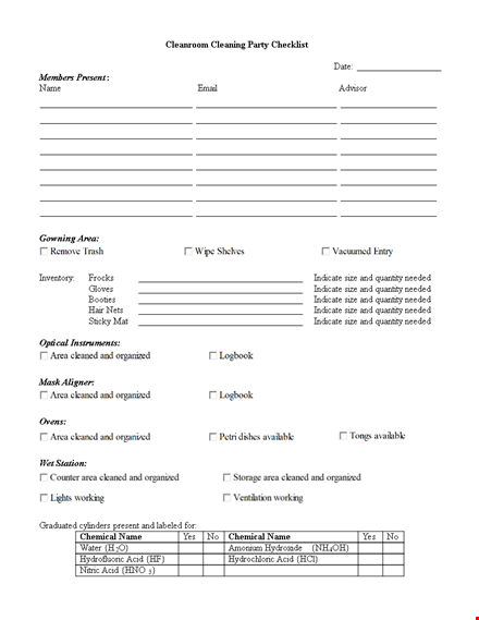 cleanroom cleaning party checklist template template