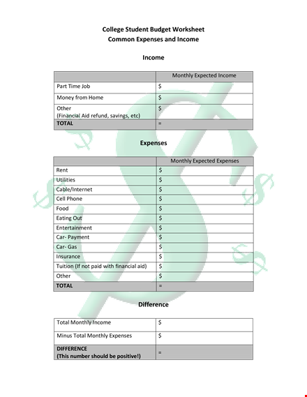 college budget worksheet - manage expenses, track monthly total and expected income template