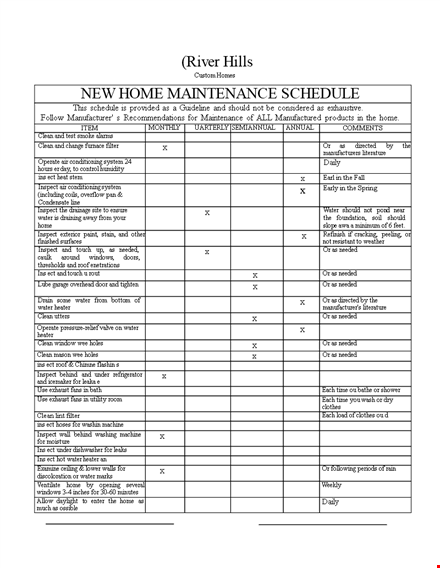 new home maintenance schedule template template