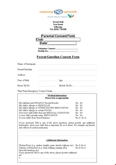 parental consent form template template