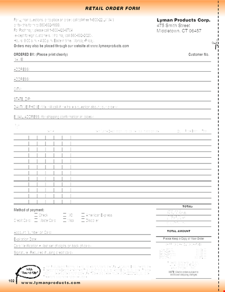 printable retail order form template template