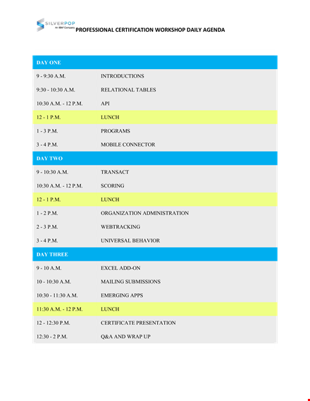 daily workshop agenda - professional training & certification with lunch provided template