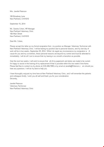 manager personal resignation letter template