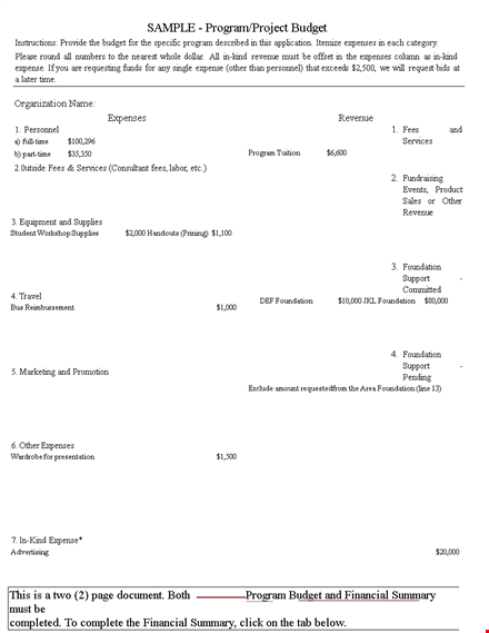 program project budget template template