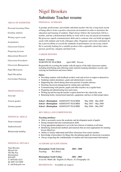 substitute teacher resume template