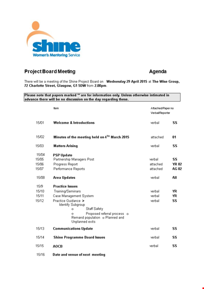 project board agenda template