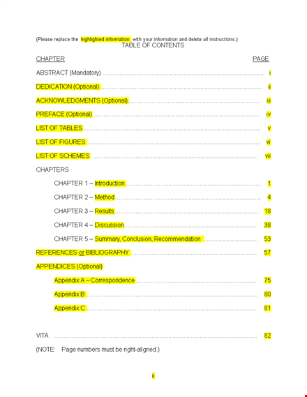 table of contents template word template