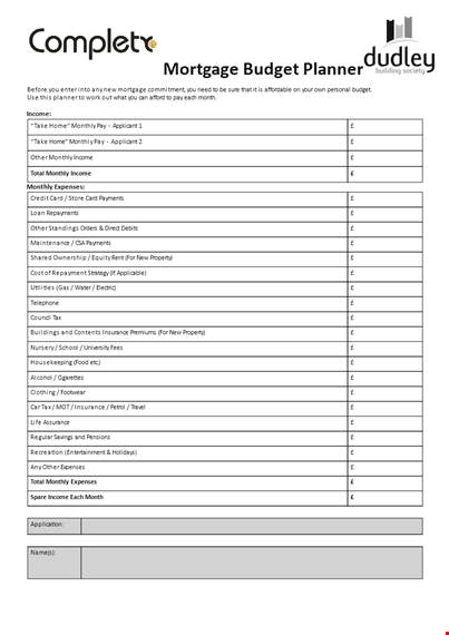 printable mortgage budget planner template