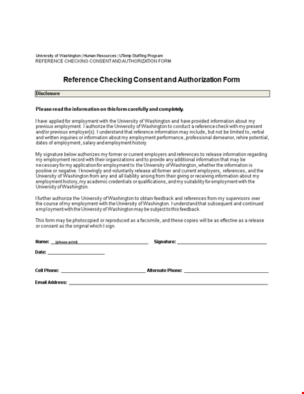 authorization form for reference checking | university, employment & information | washington template