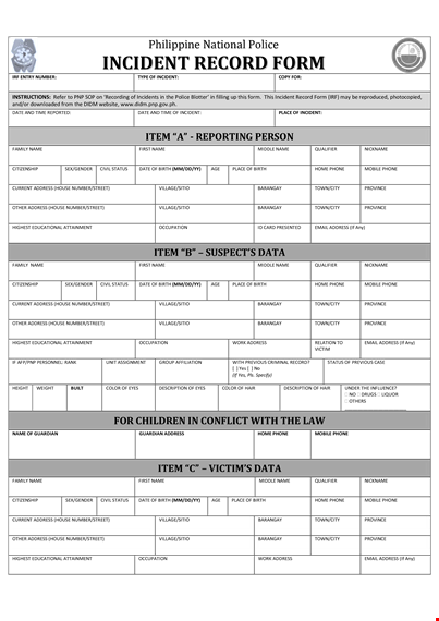 free police report template - record incident details template