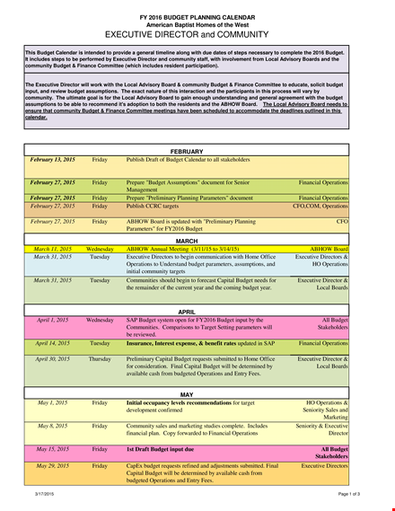 printable budget calendar template for executive director operations budget on friday template