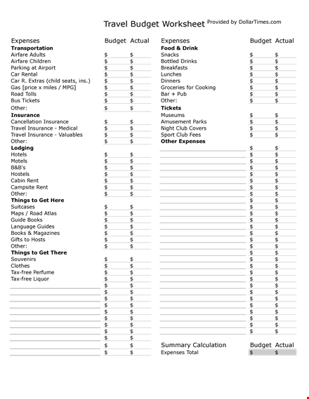 travel budget worksheetpdf format template