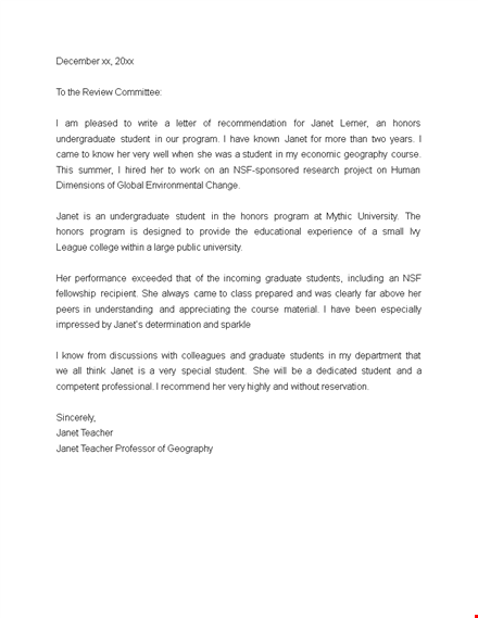 teacher recommendation letter template for janet's honors program template