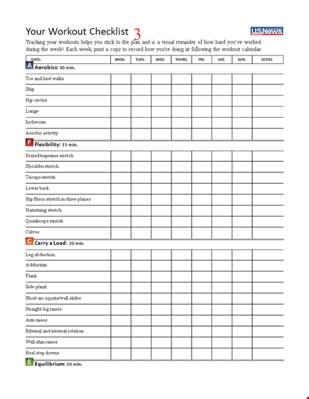 personal workout checklist template template