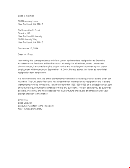 short immediate resignation letter template