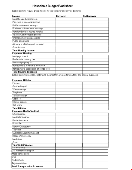 monthly family household budget worksheet: track expenses, insurance, and total income template