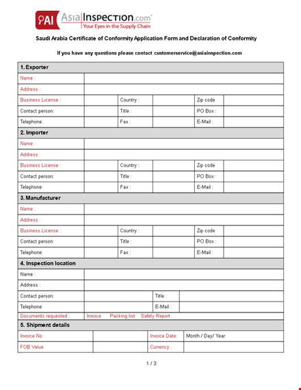 certificate of conformance for products & applications - saudi inspection template