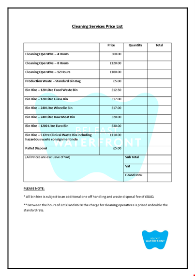 price list template for cleaning and waste - save on litre costs template