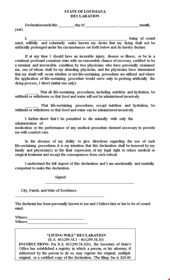 create your living will template | state declaration for sustaining procedures template