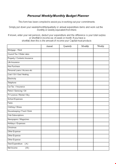 free weekly budget planner: track your income, expenditure, and shortfall template