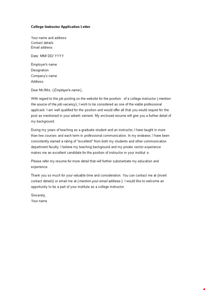 college instructor application letter template