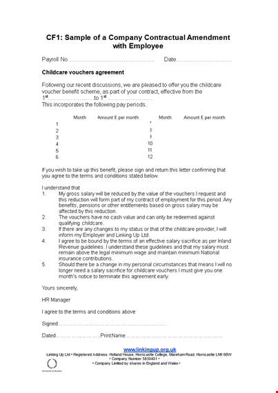 contract amendment for salary increase and childcare vouchers | $xx/month template