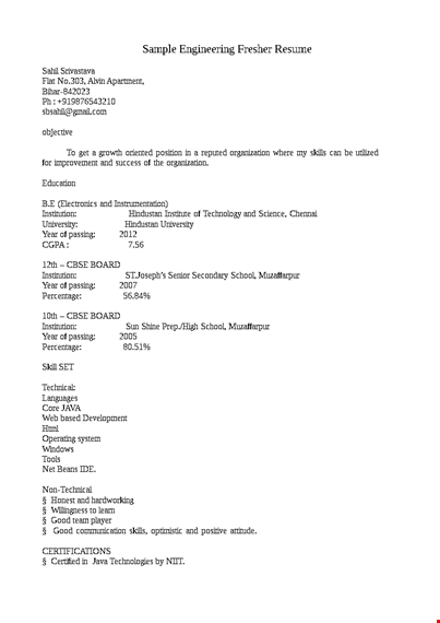 sample engineering fresher resume template