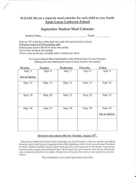 school meal calendar template