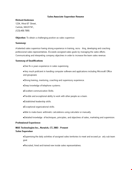 sales associate supervisor resume template