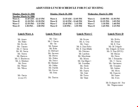 tentative testing lunch schedule template template