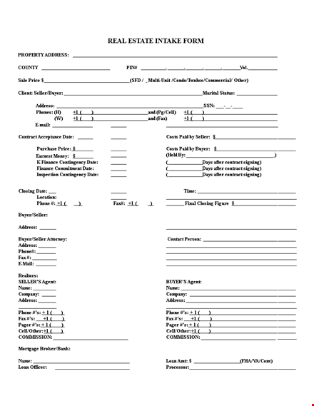 real estate intake form template template