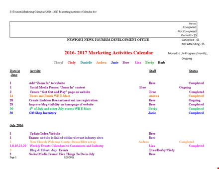 marketing activity calendar template - industry, andrea, becky & cheryl template