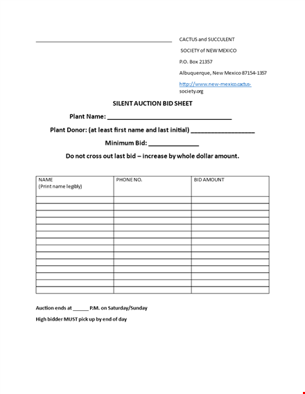 silent auction bid sheet for mexico cactus - bidding made easy template