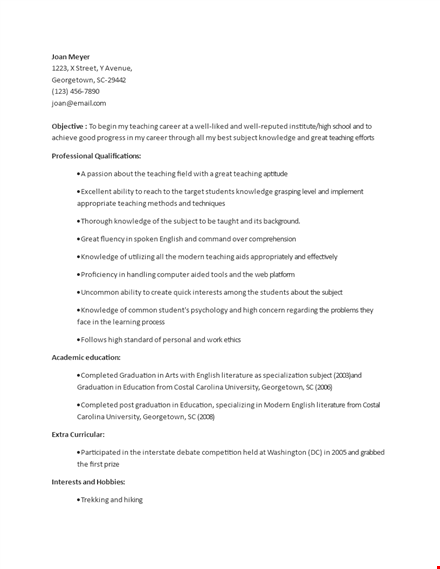 fresher teacher resume format download template