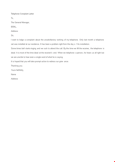 telephone complaint letter format template