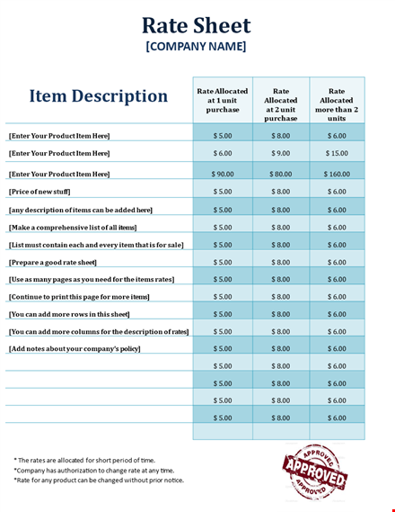 easy-to-use price list template for your products and items - allocated pricing included template