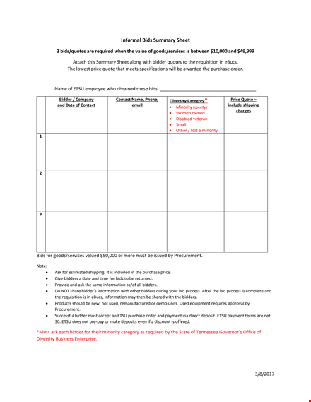 informal bids summary sheet template