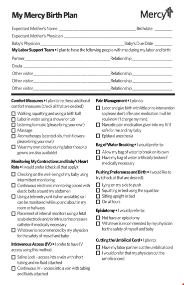 mercy birth plan template template