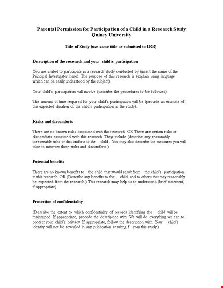 parental consent form template for study, research & child participation template
