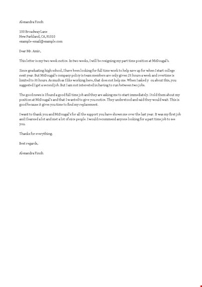 part time work resignation letter template