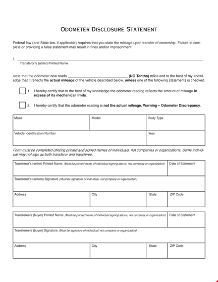 printed odometer disclosure statement | state-required form template