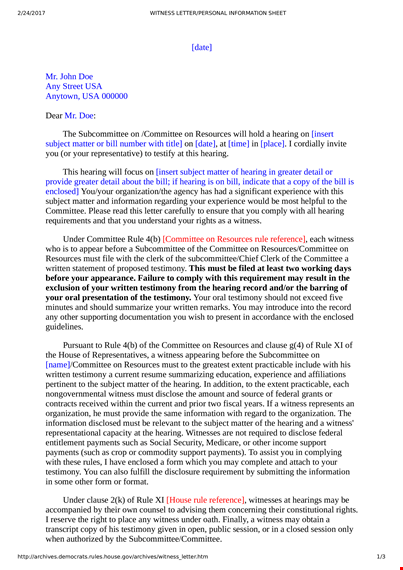 character witness letter template for house committee hearing and subcommittee template