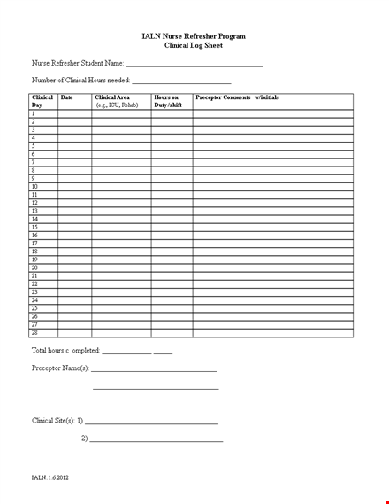 nurse clinical hours log sheet - refresher course template