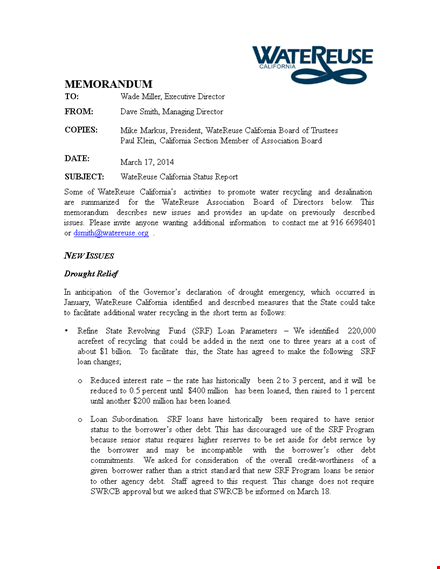 professional business memo template | loans | water | california | water reuse template