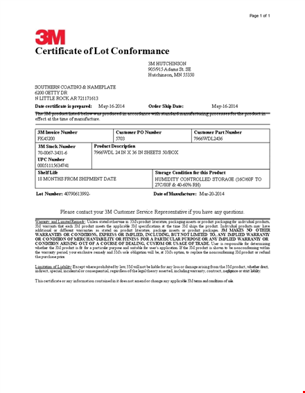 product warranty certificate of conformance with serial number template