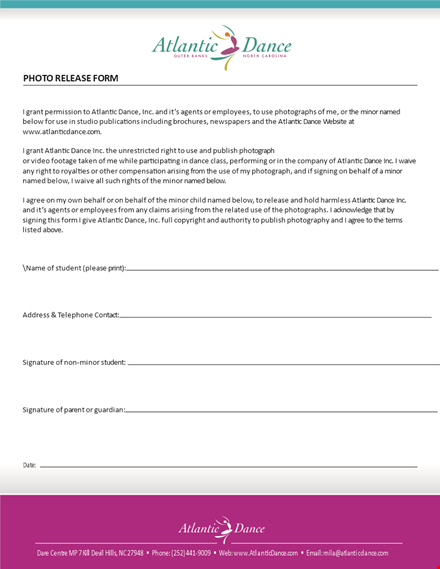 sign our dance photo release form for minors | atlantic template