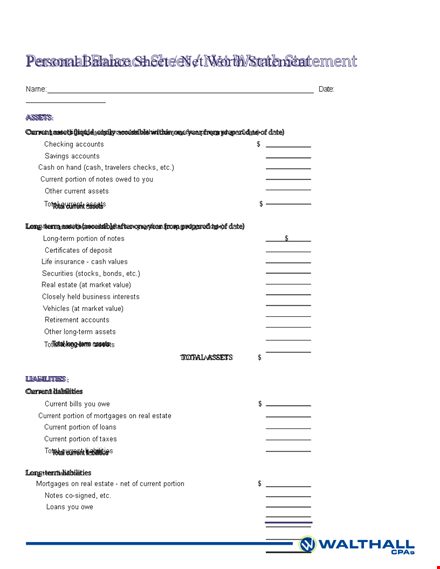 printable personal balance sheet template | total current liabilities & assets | portion template